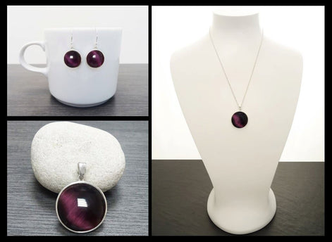 Purple Round Pendant, Sterling Silver, Enhanced Violet Cat's eye Stone Necklace, Statement Modern Minimalist Design Jewelry, Gift