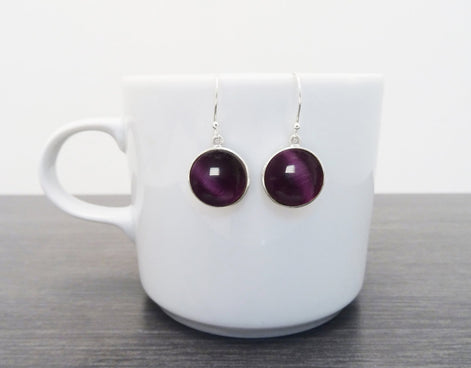 Purple Cat's Eye Stone Earrings Set, Sterling Silver, Round Pendant Set, Enhanced Violet Stones Jewelry, Modern Minimalist Geometric Jewelry