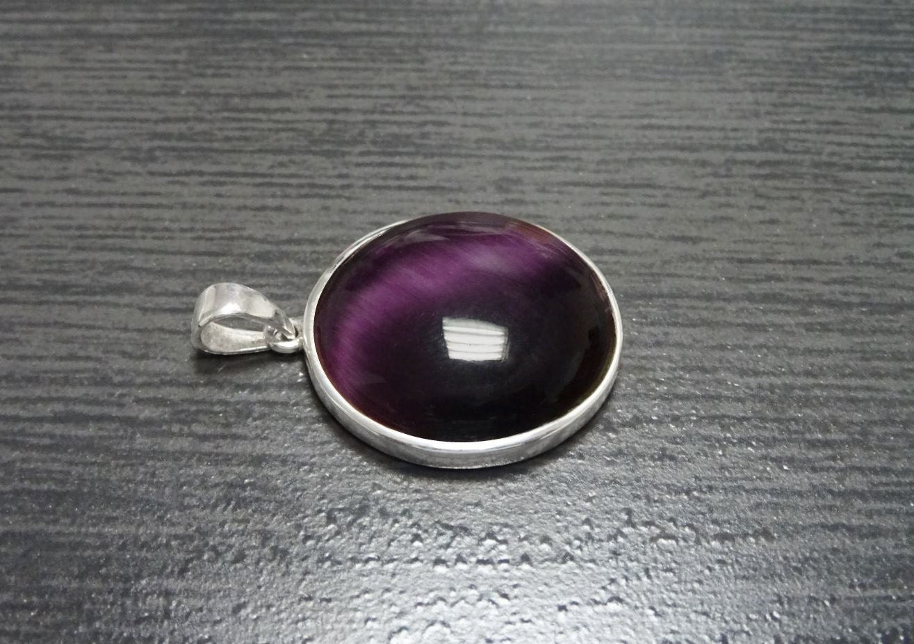 Purple Round Pendant, Sterling Silver, Enhanced Violet Cat's eye Stone Necklace, Statement Modern Minimalist Design Jewelry, Gift