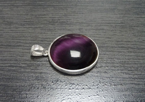 Purple Round Pendant, Sterling Silver, Enhanced Violet Cat's eye Stone Necklace, Statement Modern Minimalist Design Jewelry, Gift