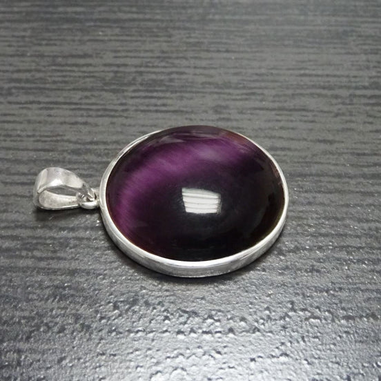 Purple Round Pendant, Sterling Silver, Enhanced Violet Cat's eye Stone Necklace, Statement Modern Minimalist Design Jewelry, Gift