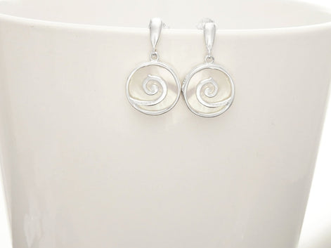 White Round earrings Sterling Silver- Spiral Dangle Earrings - Mother of Pearl Shell Jewelry - Modern Stone Earrings