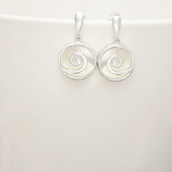 White Round earrings Sterling Silver- Spiral Dangle Earrings - Mother of Pearl Shell Jewelry - Modern Stone Earrings