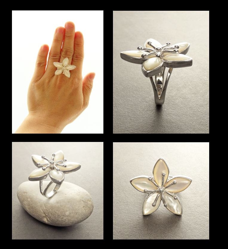 925 Cherry Blossom Ring, Sterling Silver, Wide Flowers Petals Jewelry, Nature Inspired Ring, Unique White Mother of Pearl.