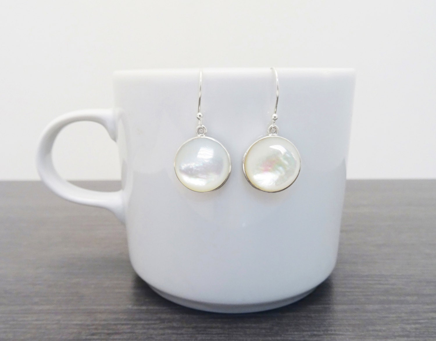 White Round Earrings, Sterling silver & MOP, Natural White Mother of Pearl Shell, Geometric Minimalist Design Stone Jewelry, Woman Gift
