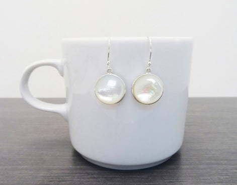 White Round Earrings, Sterling silver & MOP, Natural White Mother of Pearl Shell, Geometric Minimalist Design Stone Jewelry, Woman Gift