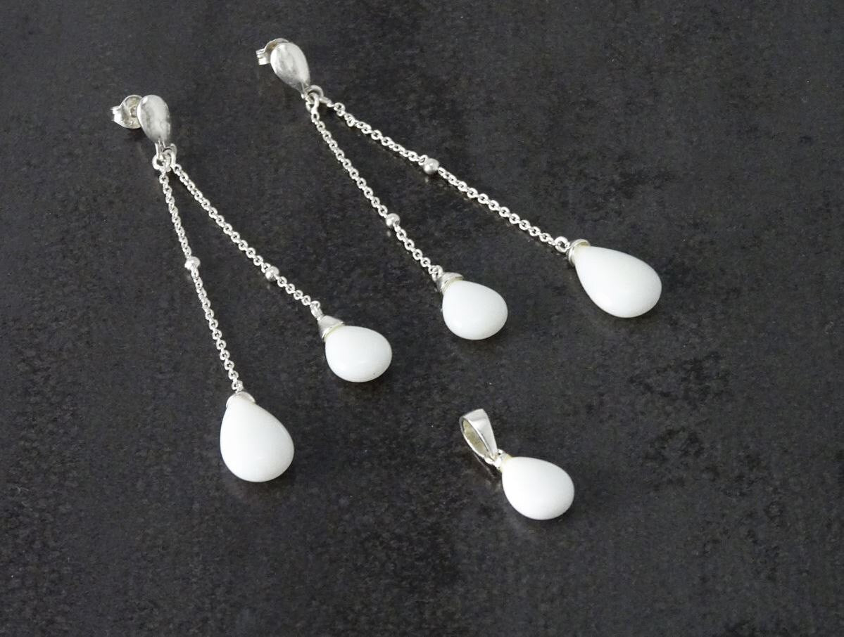 Agate Teardrop Earrings - Sterling Silver - Chainmaille Stones Earrings - Link earrings - White Agate Gemstone - white stone earrings
