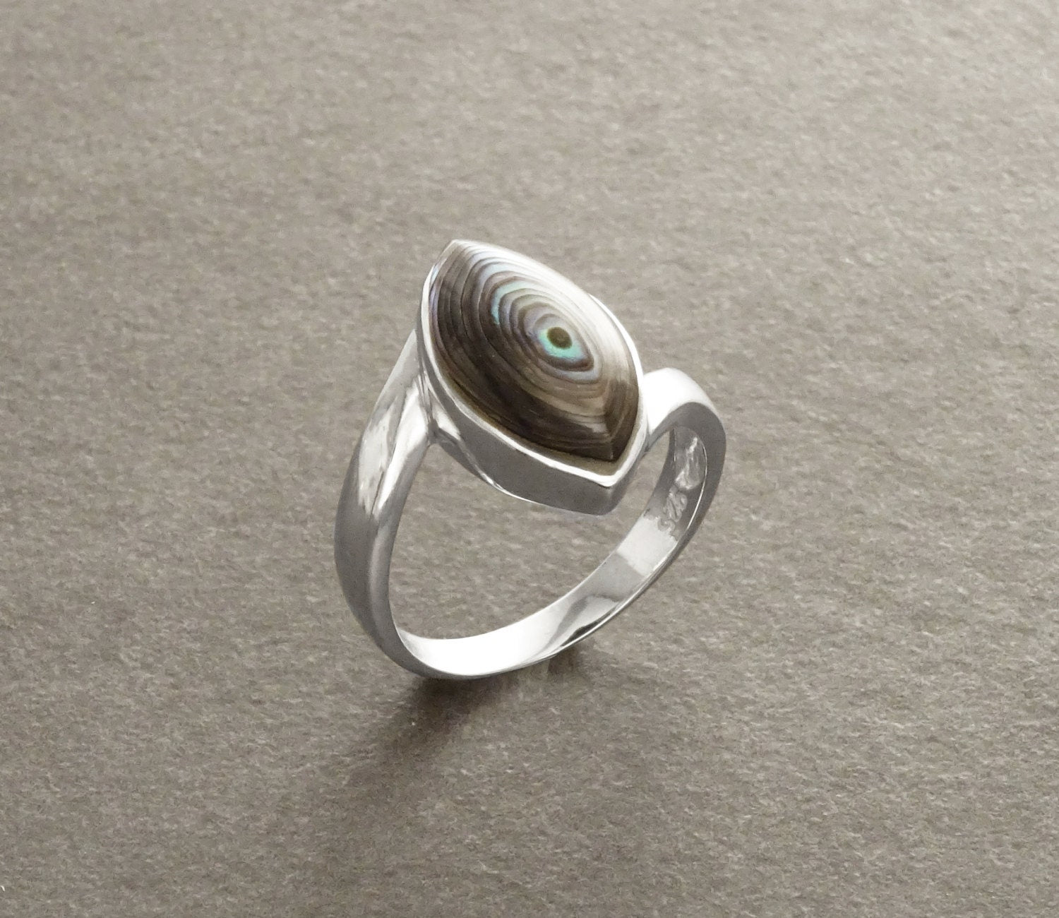 Abalone Bypass Ring - Paua Shell Ring, Sterling Silver, Oval Ring, Genuine Abalone, green blue color, oval stone, Almond shape, oval stone