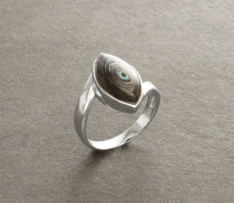 Abalone Bypass Ring - Paua Shell Ring, Sterling Silver, Oval Ring, Genuine Abalone, green blue color, oval stone, Almond shape, oval stone