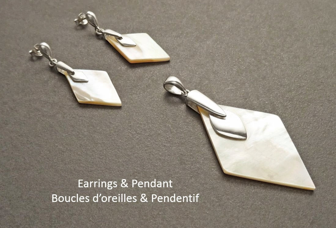 Mother of Pearl Diamond Earrings & Pendant Set, Sterling Silver, Geometric Shell Jewelry
