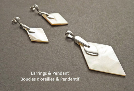 Mother of Pearl Diamond Earrings & Pendant Set, Sterling Silver, Geometric Shell Jewelry