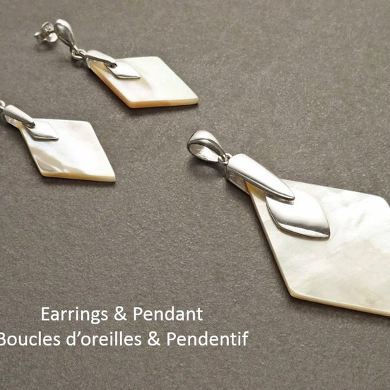 Mother of Pearl Diamond Earrings & Pendant Set, Sterling Silver, Geometric Shell Jewelry