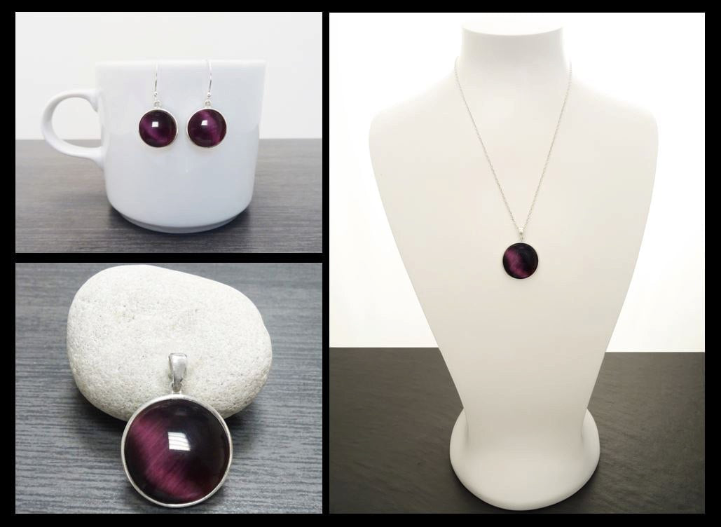 Purple Cat's Eye Stone Earrings Set, Sterling Silver, Round Pendant Set, Enhanced Violet Stones Jewelry, Modern Minimalist Geometric Jewelry