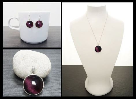 Purple Cat's Eye Stone Earrings Set, Sterling Silver, Round Pendant Set, Enhanced Violet Stones Jewelry, Modern Minimalist Geometric Jewelry