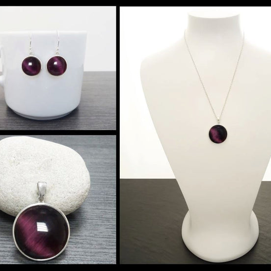 Purple Cat's Eye Stone Earrings Set, Sterling Silver, Round Pendant Set, Enhanced Violet Stones Jewelry, Modern Minimalist Geometric Jewelry