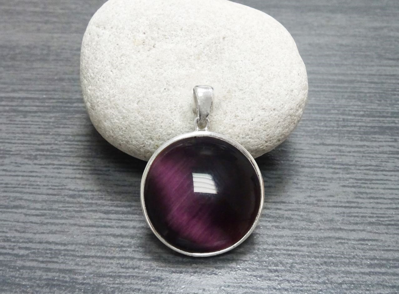 Purple Cat's Eye Stone Earrings Set, Sterling Silver, Round Pendant Set, Enhanced Violet Stones Jewelry, Modern Minimalist Geometric Jewelry