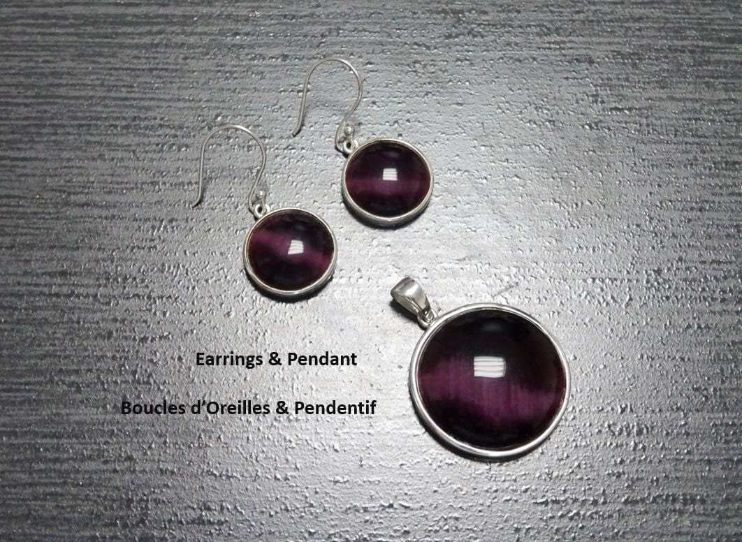 Purple Cat's Eye Stone Earrings Set, Sterling Silver, Round Pendant Set, Enhanced Violet Stones Jewelry, Modern Minimalist Geometric Jewelry