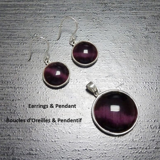 Purple Cat's Eye Stone Earrings Set, Sterling Silver, Round Pendant Set, Enhanced Violet Stones Jewelry, Modern Minimalist Geometric Jewelry