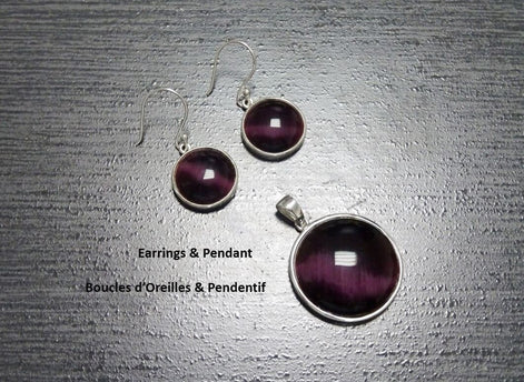 Purple Round Pendant, Sterling Silver, Enhanced Violet Cat's eye Stone Necklace, Statement Modern Minimalist Design Jewelry, Gift