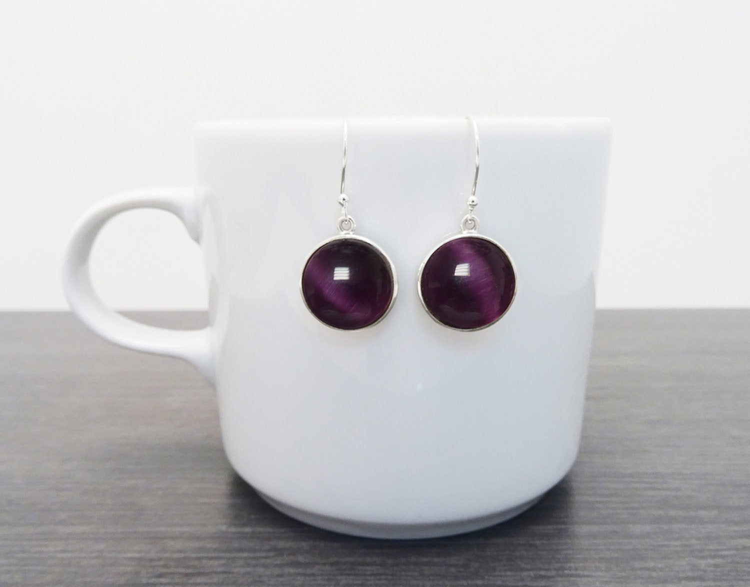Purple Round Pendant, Sterling Silver, Enhanced Violet Cat's eye Stone Necklace, Statement Modern Minimalist Design Jewelry, Gift
