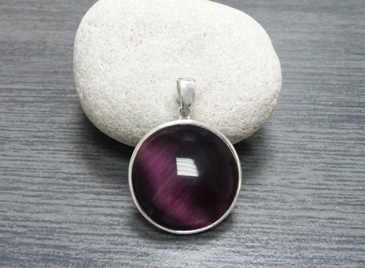 Purple Round Pendant, Sterling Silver, Enhanced Violet Cat's eye Stone Necklace, Statement Modern Minimalist Design Jewelry, Gift