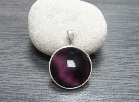 Purple Round Pendant, Sterling Silver, Enhanced Violet Cat's eye Stone Necklace, Statement Modern Minimalist Design Jewelry, Gift