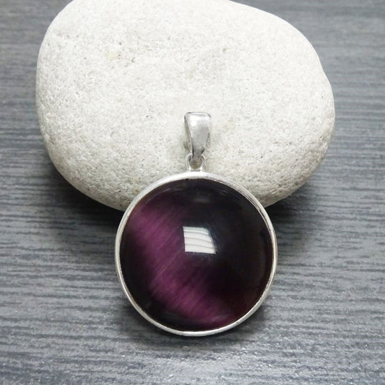 Purple Round Pendant, Sterling Silver, Enhanced Violet Cat's eye Stone Necklace, Statement Modern Minimalist Design Jewelry, Gift