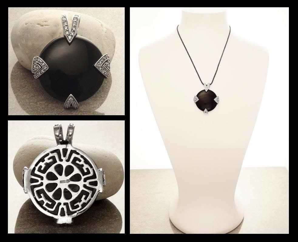 Statement Black Onyx Pendant, Sterling Silver, Round Black Onyx Gemstone Pendant, Retro Art Deco Jewelry, Cocktail Necklace, Vintage Gift