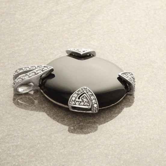 Statement Black Onyx Pendant, Sterling Silver, Round Black Onyx Gemstone Pendant, Retro Art Deco Jewelry, Cocktail Necklace, Vintage Gift