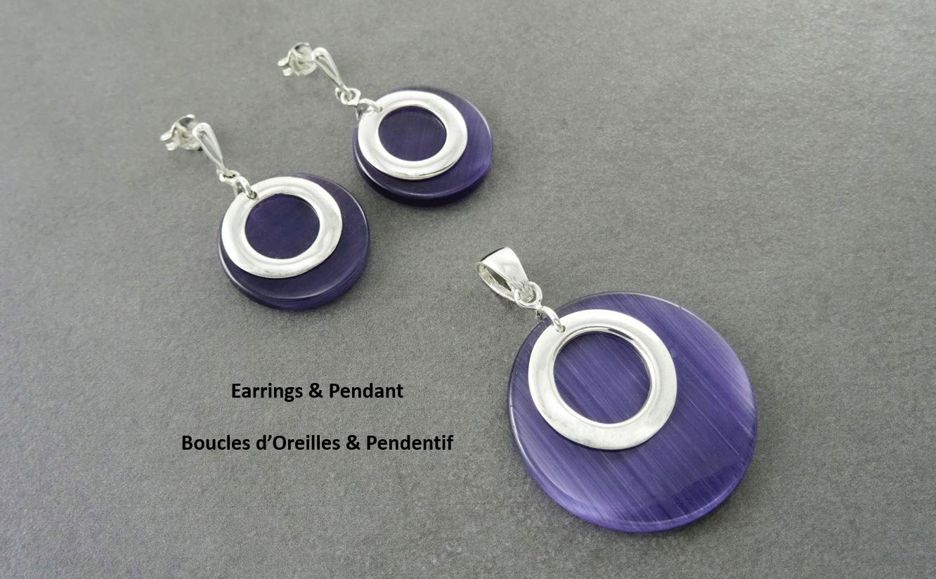 Purple Blue Stone Earrings, Violet Colour Discs, Sterling Silver 925,Geometric Round Circle Earrings, Modern Minimalist Dangle Earrings