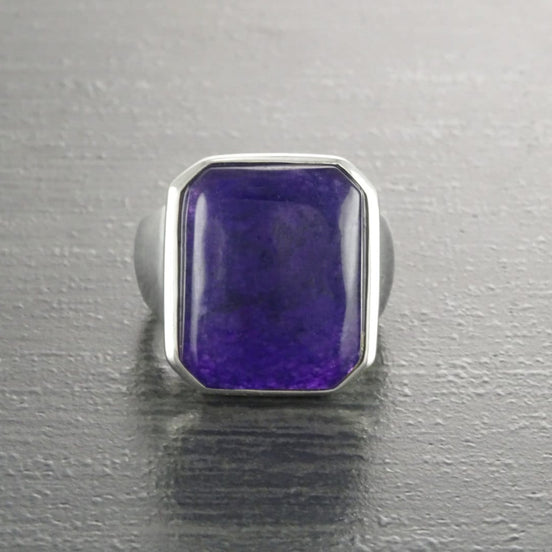 GENUINE Dark Amethyst Ring, Sterling Silver, Unique Purple Jewelry, Unisex Gemstone Ring, February Birthstone, Large Violet Rectangle Stone