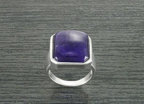 GENUINE Dark Amethyst Ring, Sterling Silver, Unique Purple Jewelry, Unisex Gemstone Ring, February Birthstone, Large Violet Rectangle Stone