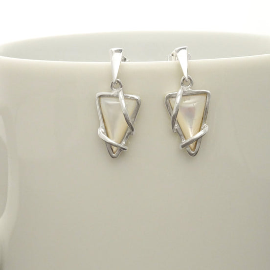 White Triangle Earrings, Sterling Silver, Modern Geometric Stone Jewelry, Genuine Mother of Pearl Shell, Women Gift, Point Earrings