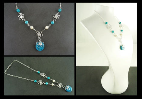Turquoise Boho necklace, sterling silver, fresh water pearl, blue Round Stone, hipster flower pattern jewelry