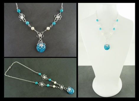 Turquoise Boho necklace, sterling silver, fresh water pearl, blue Round Stone, hipster flower pattern jewelry