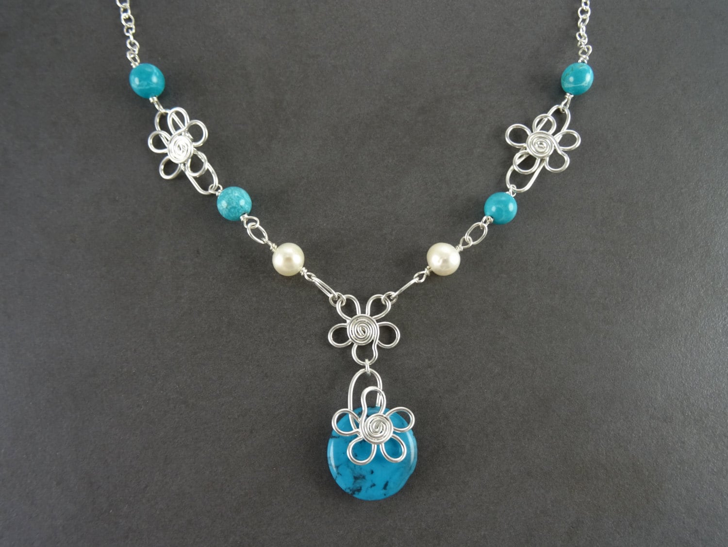 Turquoise Boho necklace, sterling silver, fresh water pearl, blue Round Stone, hipster flower pattern jewelry