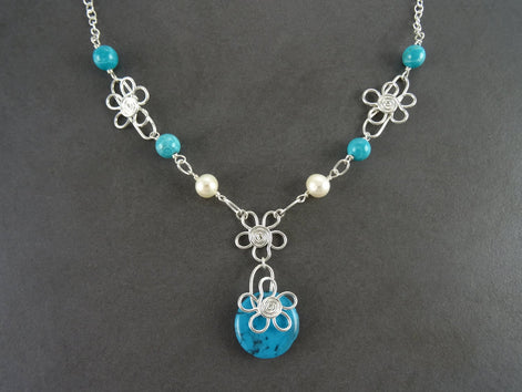 Turquoise Boho necklace, sterling silver, fresh water pearl, blue Round Stone, hipster flower pattern jewelry