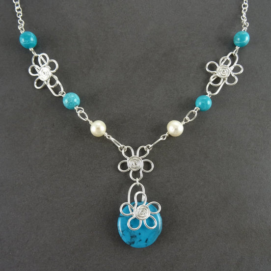 Turquoise Boho necklace, sterling silver, fresh water pearl, blue Round Stone, hipster flower pattern jewelry