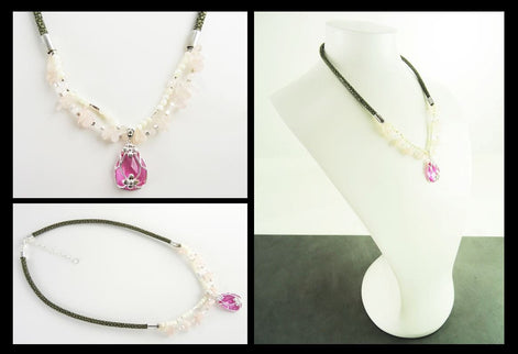 Pink Quartz Necklace - Sterling Silver, Rose Quartz Raw Stone, pearls Strands, Pink Zirconia collar, Flower Pendant, Stingray choker