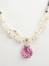 Pink Quartz Necklace - Sterling Silver, Rose Quartz Raw Stone, pearls Strands, Pink Zirconia collar, Flower Pendant, Stingray choker