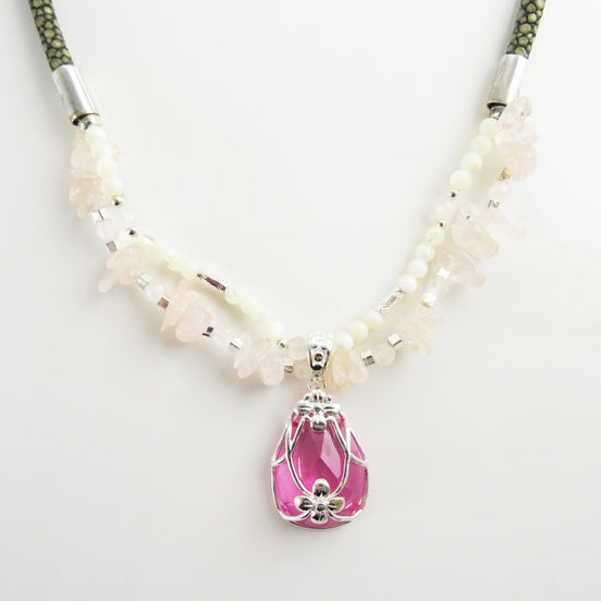 Pink Quartz Necklace - Sterling Silver, Rose Quartz Raw Stone, pearls Strands, Pink Zirconia collar, Flower Pendant, Stingray choker
