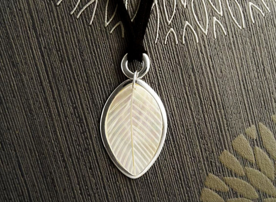 Leaf Necklace, Genuine White Mother of Pearl, Sterling Silver Pendant, Black Leather, Veins Laurel Leaf, Nature Jewelry Autumn Branch