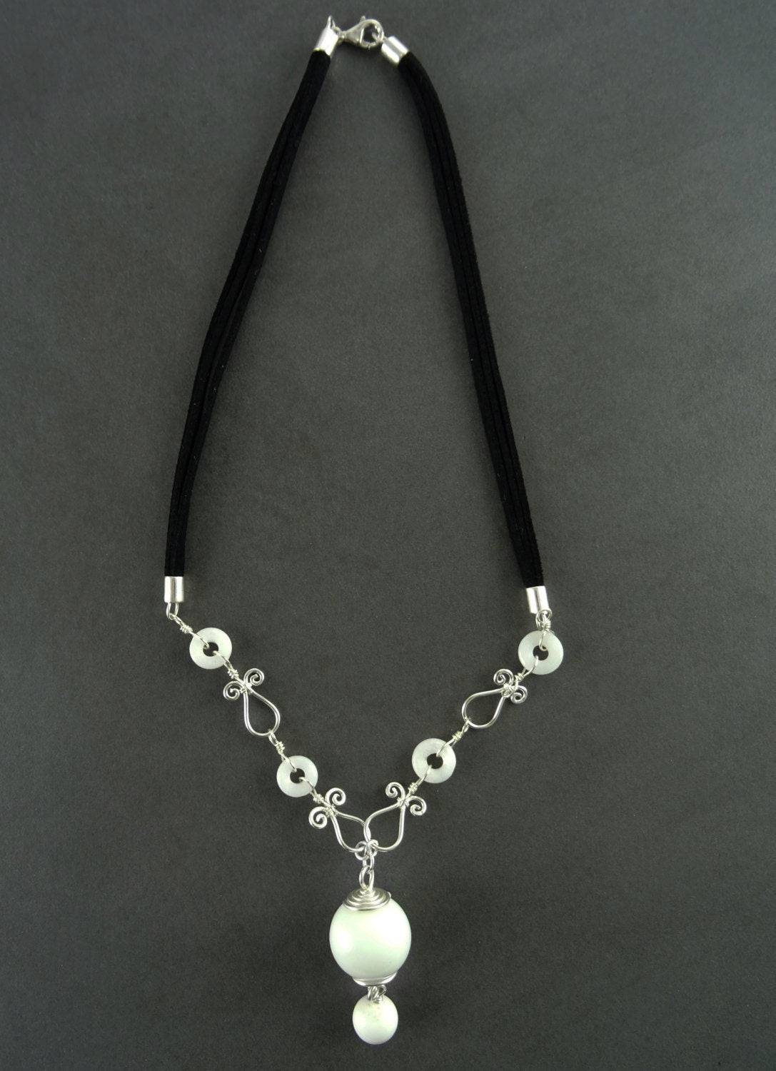 White Agate Necklace • Sterling Silver Chain • Black Leather Cord • Refined Artisan Gift for Her