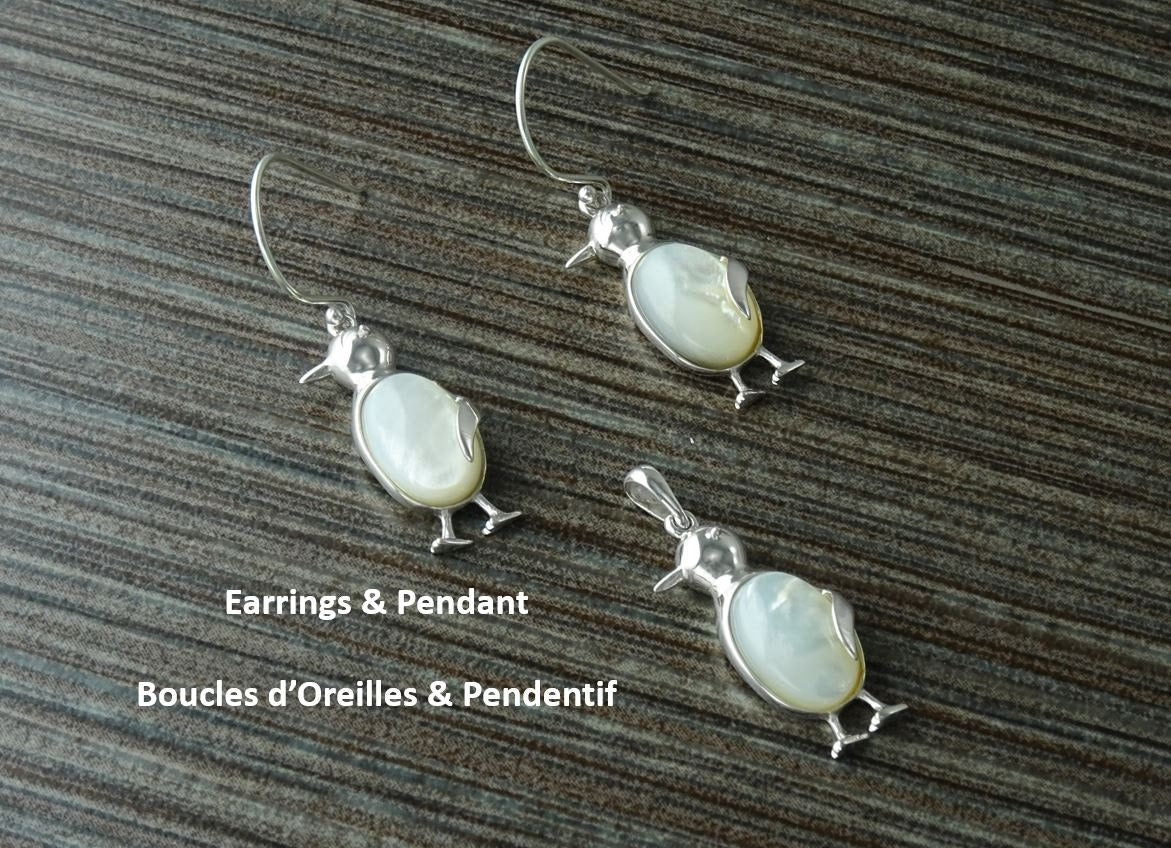 Sterling Silver Penguin Earrings, Mother of Pearl Dangle Earrings