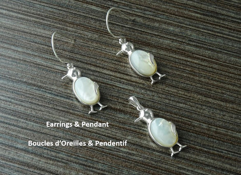 Sterling Silver Penguin Earrings, Mother of Pearl Dangle Earrings