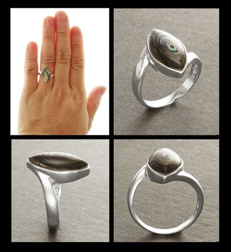 Abalone Bypass Ring - Paua Shell Ring, Sterling Silver, Oval Ring, Genuine Abalone, green blue color, oval stone, Almond shape, oval stone