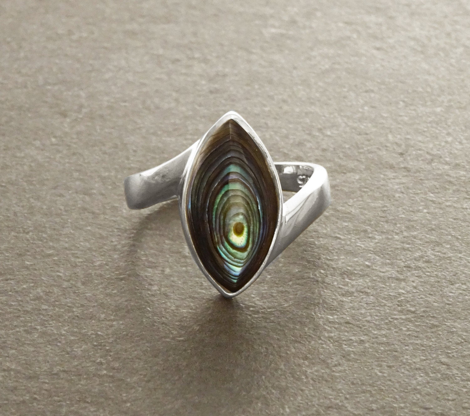 Abalone Bypass Ring - Paua Shell Ring, Sterling Silver, Oval Ring, Genuine Abalone, green blue color, oval stone, Almond shape, oval stone