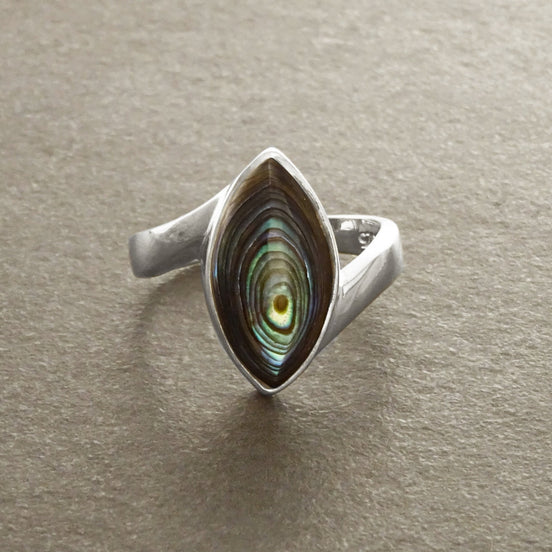 Abalone Bypass Ring - Paua Shell Ring, Sterling Silver, Oval Ring, Genuine Abalone, green blue color, oval stone, Almond shape, oval stone