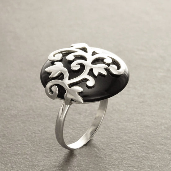 Black Onyx Ring - Flower filigree - Genuine Onyx - Art Nouveau Ring - Sterling Silver - shabby chic ring -Flower ring - Boho ring