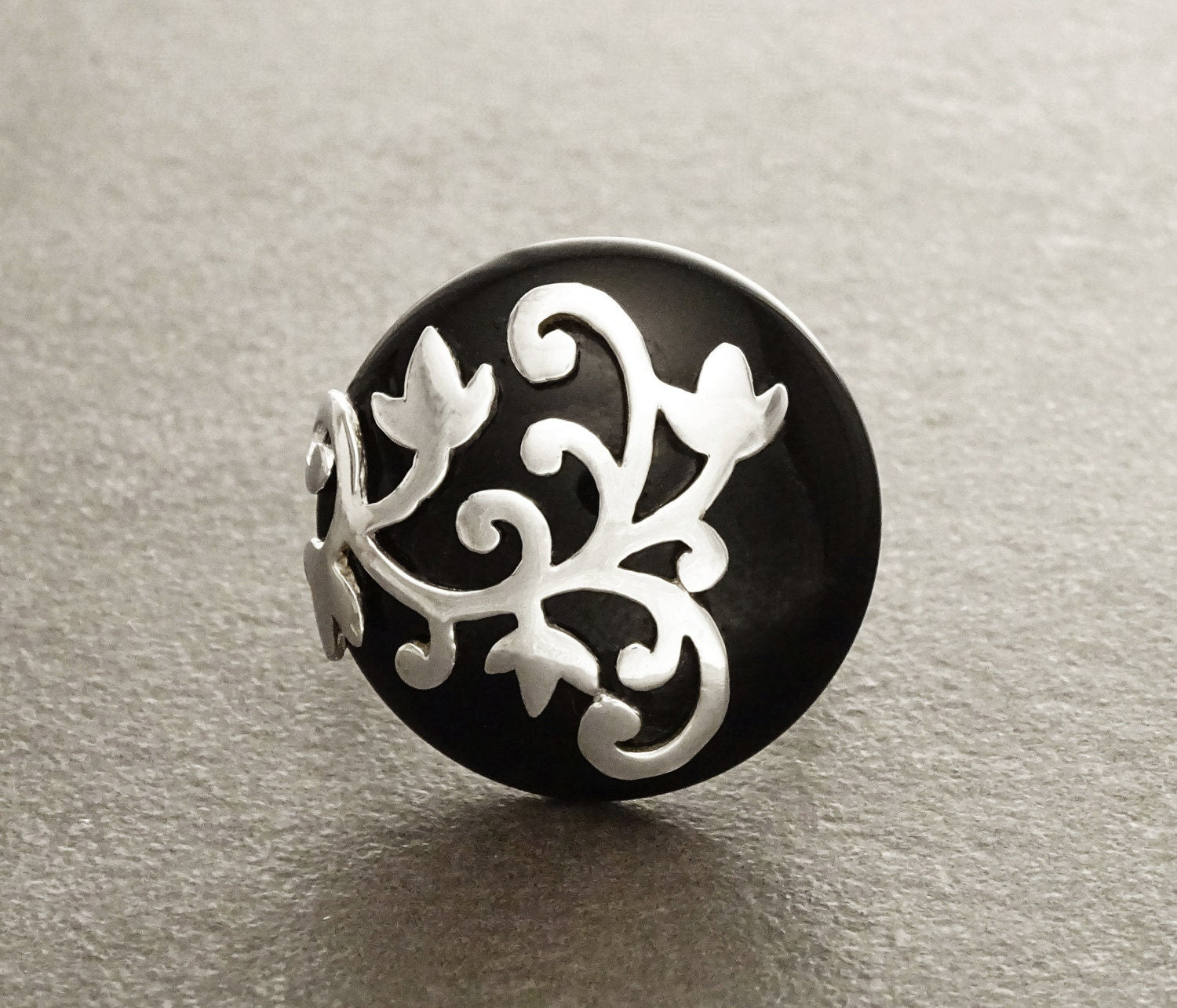 Black Onyx Ring - Flower filigree - Genuine Onyx - Art Nouveau Ring - Sterling Silver - shabby chic ring -Flower ring - Boho ring